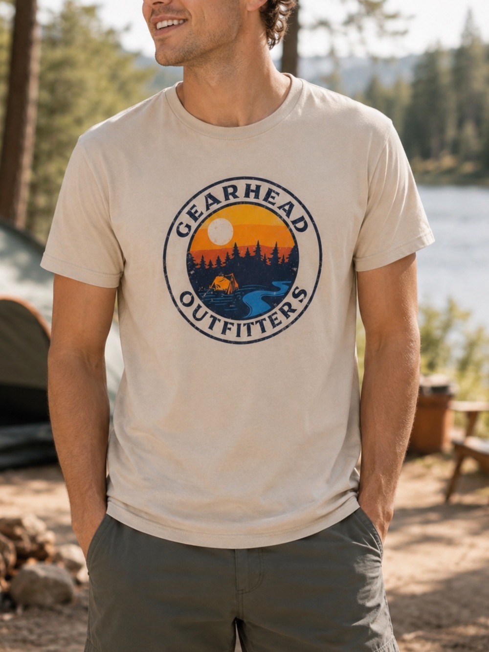 Gearhead Outfitters Men’s Medium Outdoor Camping Graphic T-Shirt Tan